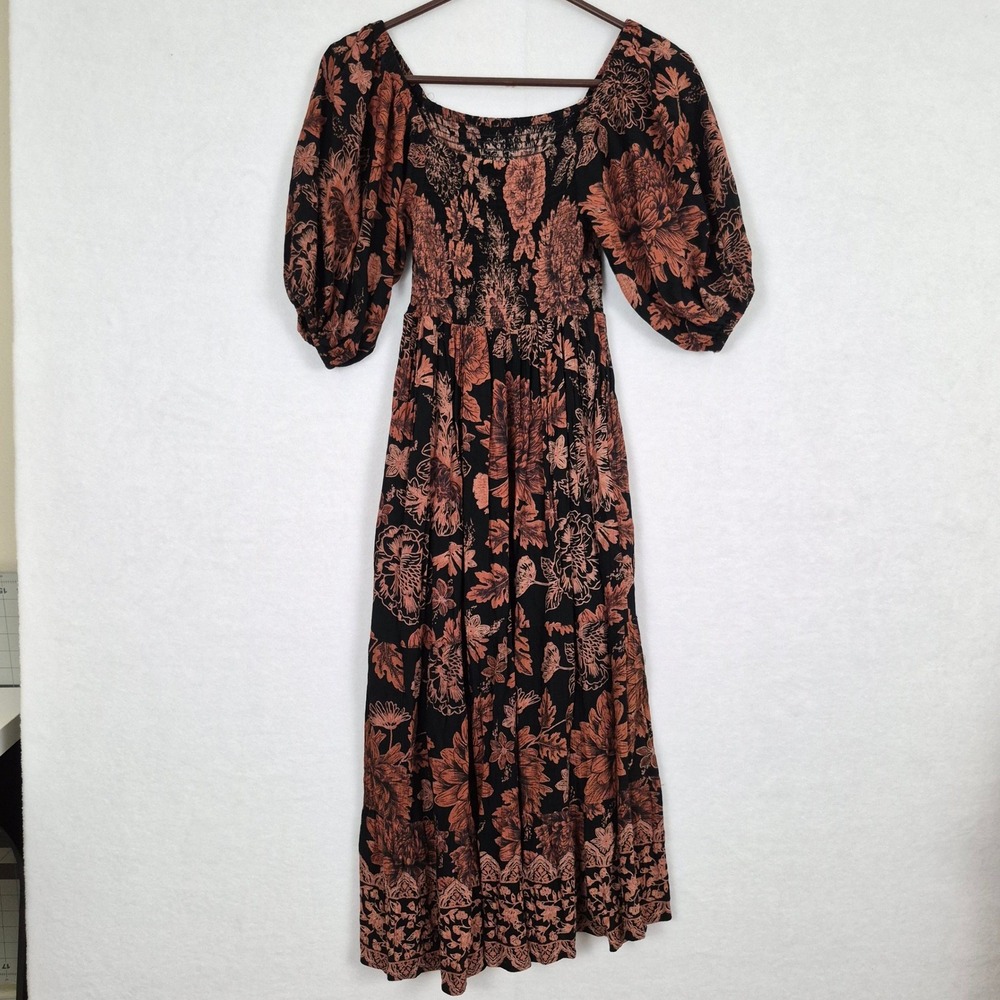 Boho Floral Smocked Midi Dress Puff Sleeve Square Neck Tiered Pockets Black Rust